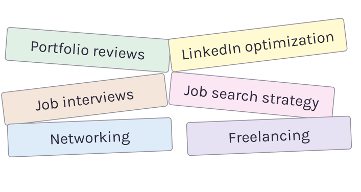 Some skills you'lll learn in the Bootcamp: portfolio reviews, LinkedIn optimization, job interviews, job search strategy, networking, freelancing.